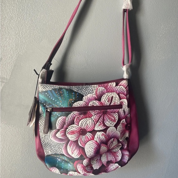SUKRITI PINK FLORAL MOSAIC TIFFANY 100% GENUINE LEATHER CROSSBODY BAG - Picture 3 of 4